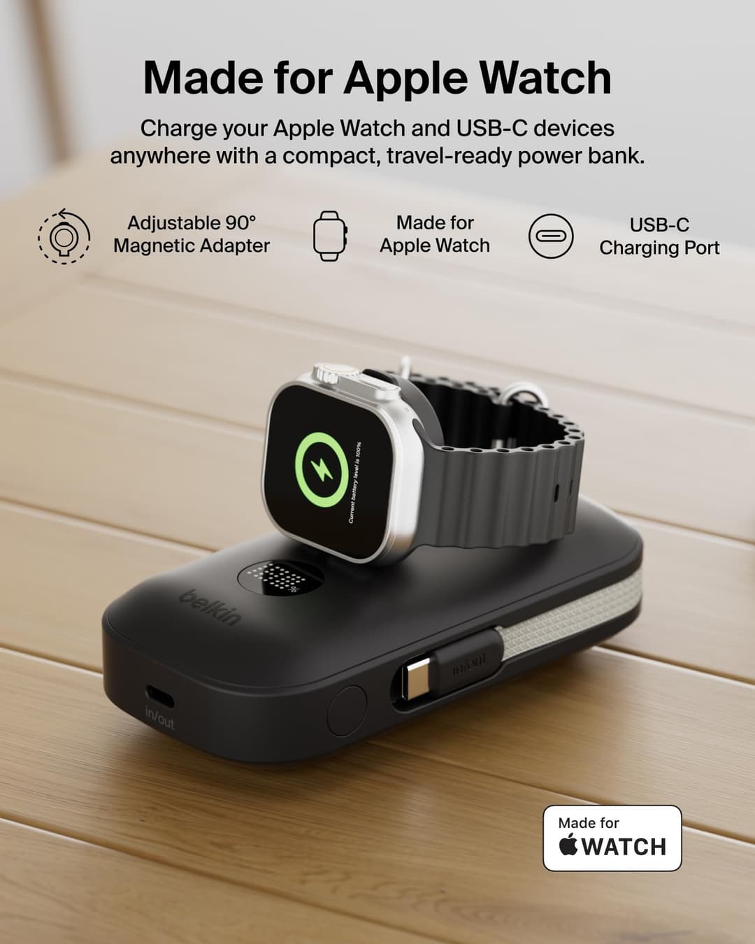 Belkin BoostCharge Pro 45W 10000mAh Power Bank with Apple Watch Charger, Integrated USB-C Cable and Display - Black - Image 4