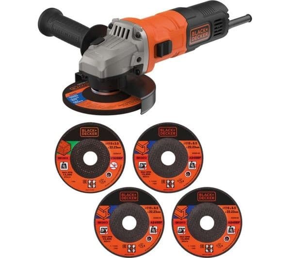 BLACK + DECKER BEG010A5-GB 710 W 115 mm Small Angle Grinder & 5 Cutting Discs - Orange & Black - Image 1
