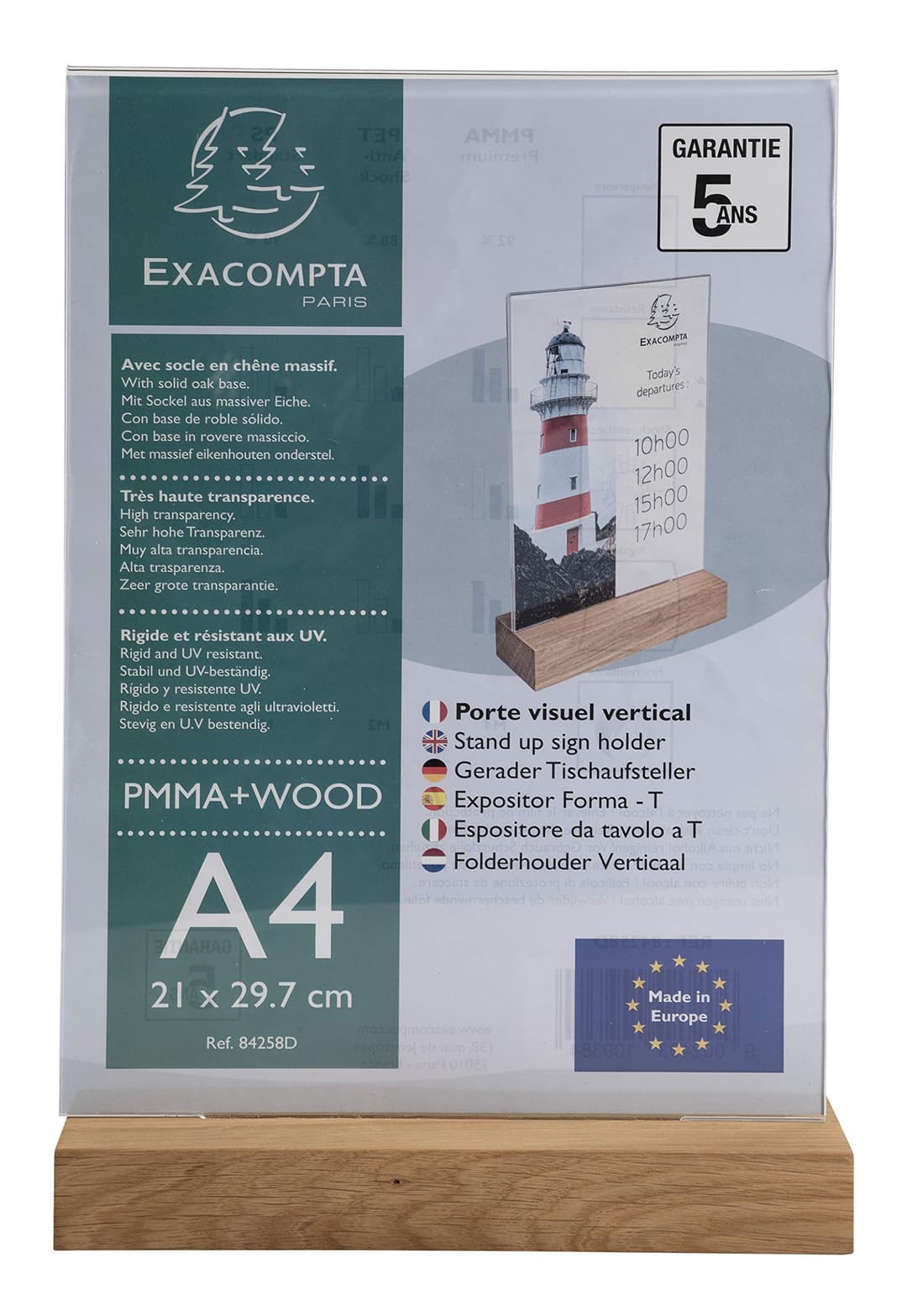 Exacompta - Ref 84258D - Sign Holder with Wooden Base - Suitable for A4 Documents, Solid Oak Plinth, Visible Both Sides, PMMA (Acrylic) Material, Rigid & UV Resistant - Clear - Image 1