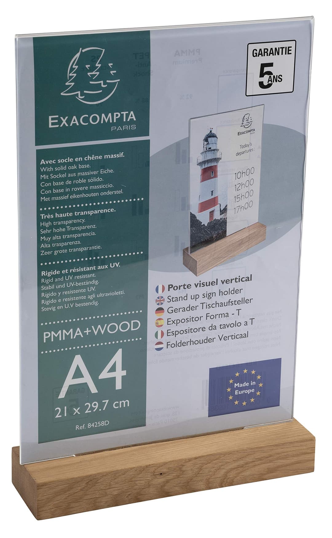 Exacompta - Ref 84258D - Sign Holder with Wooden Base - Suitable for A4 Documents, Solid Oak Plinth, Visible Both Sides, PMMA (Acrylic) Material, Rigid & UV Resistant - Clear - Image 4