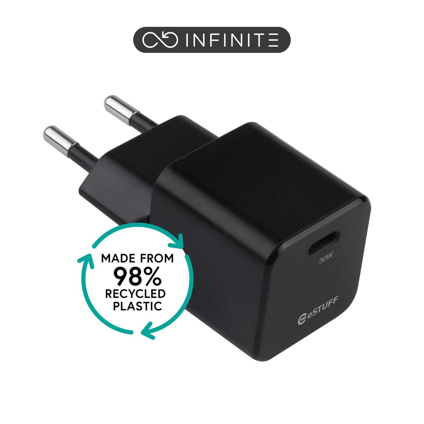 eSTUFF INFINITE (GRS) USB-C GaN Charger 30W PD EU Plug - Black, Bulk Pack