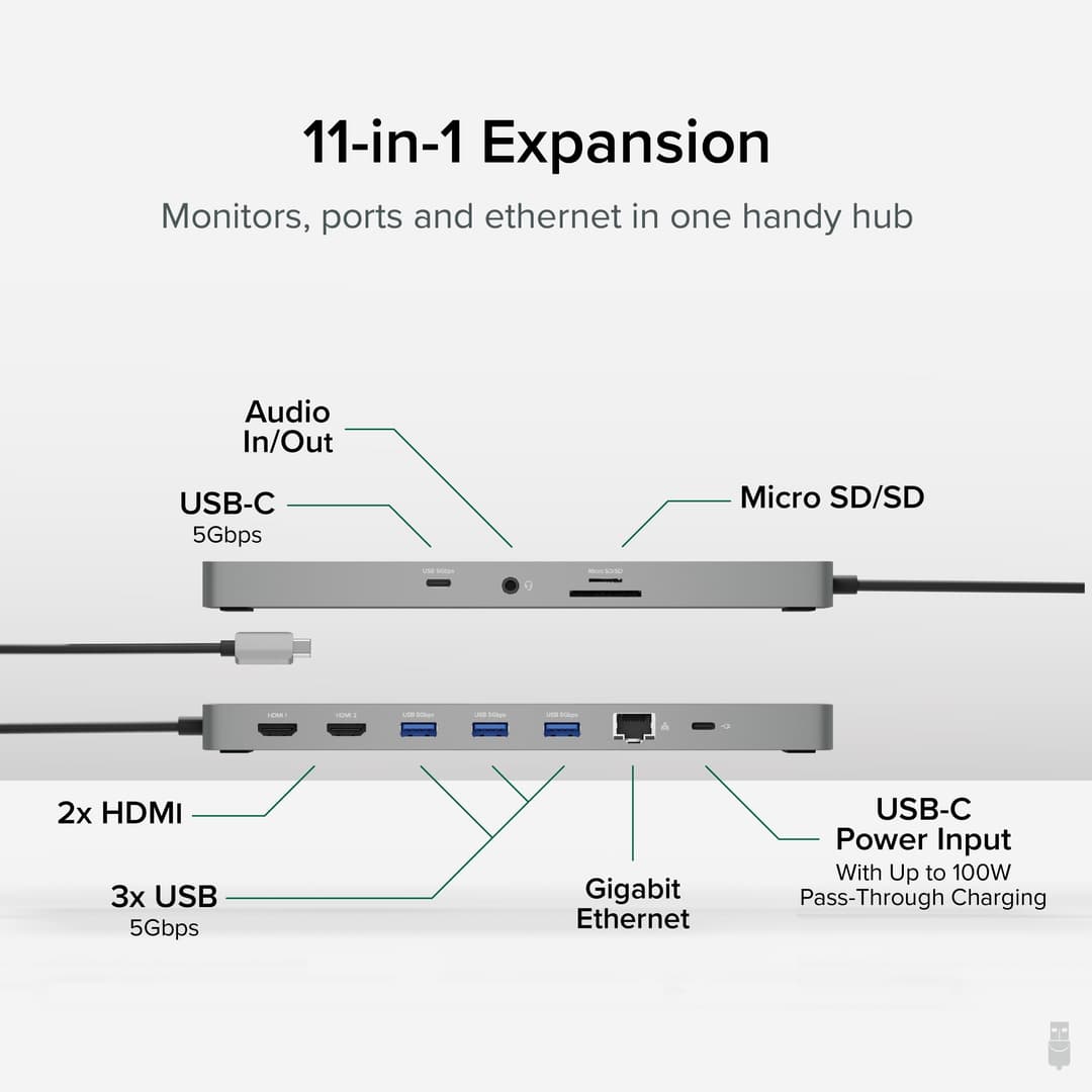 Plugable Technologies 11-in-1 USB-C Hub, 100W USB-C Pass-through, Laptop Docking Station Dual Monitor, 4K 60Hz HDMI, Compatible with Thunderbolt, Windows, Chromebooks, Displays Mirrored on Mac - Image 2
