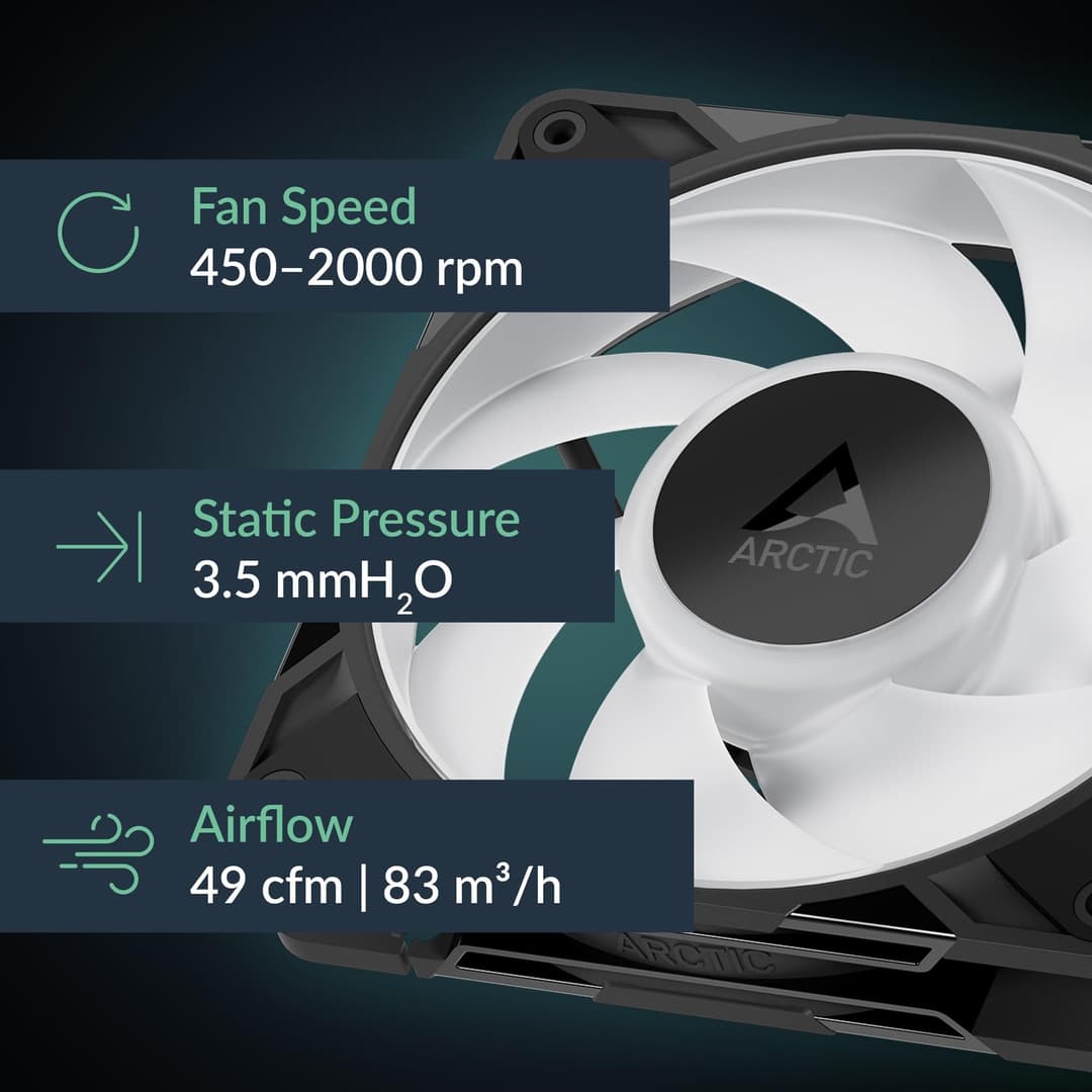 ARCTIC P12 Pro A-RGB LN - Low-Noise Premium Fan, 120 mm PWM Fan with Y-Cable Splitter, 450-2000 rpm, 0 rpm <5% PWM, 5V Digital RGB, Fluid Dynamic Bearing, 4-Pin - Black - Image 4
