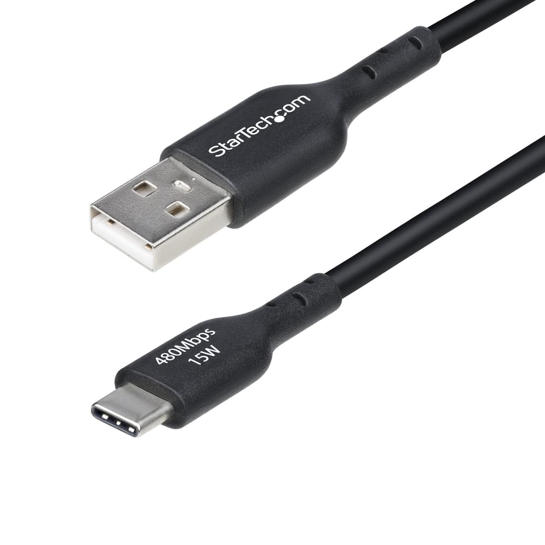 StarTech.com 1ft (30cm) USB-A to USB-C Charging Cable, Charge & Sync, 3A, USB 2.0, TPE Jacket - Black USB Charging Cord - Image 1