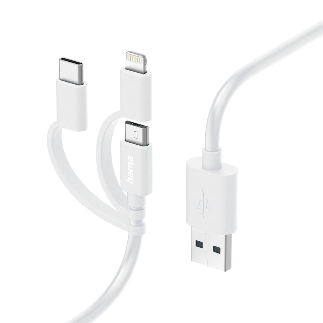 Hama 3-in-1 Charging Cable, USB-A to Micro-USB / USB-C / Lightning, 1 m, White - Image 1