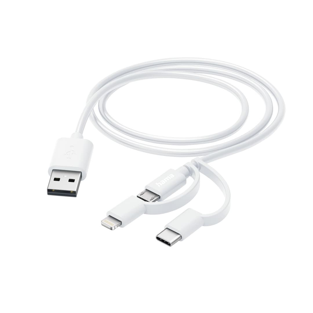 Hama 3-in-1 Charging Cable, USB-A to Micro-USB / USB-C / Lightning, 1 m, White - Image 2