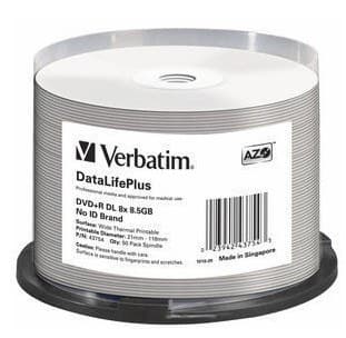 Verbatim DataLifePlus 43754 DVD+R DL 8.5 GB 8x Wide Thermal Printable No ID Brand 50 pc(s) Spindle - Image 1