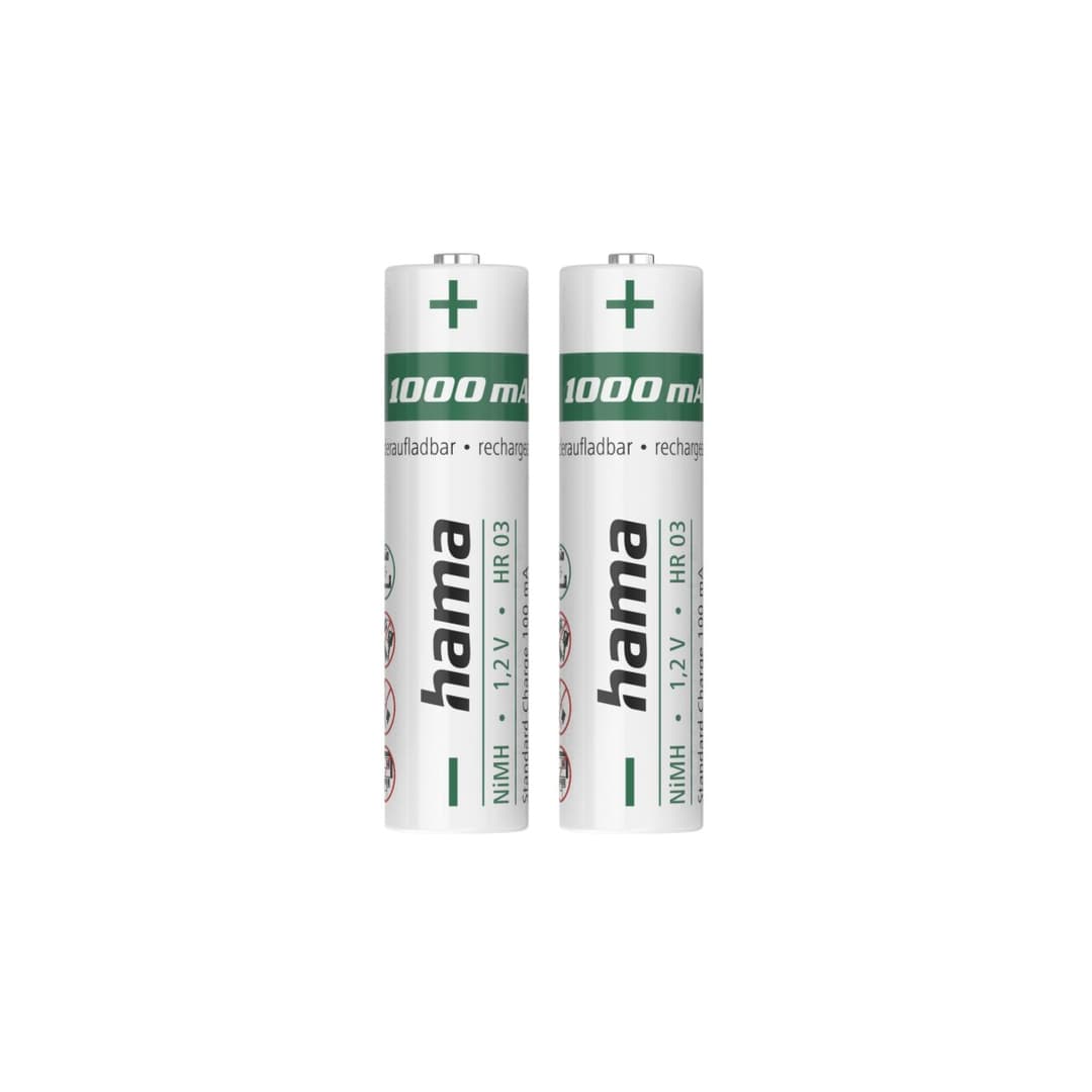 Hama NiMH Rechargeable AAA Batteries, 1000 mAh, 1.2 V, 2 Pack (00223523) - Image 1