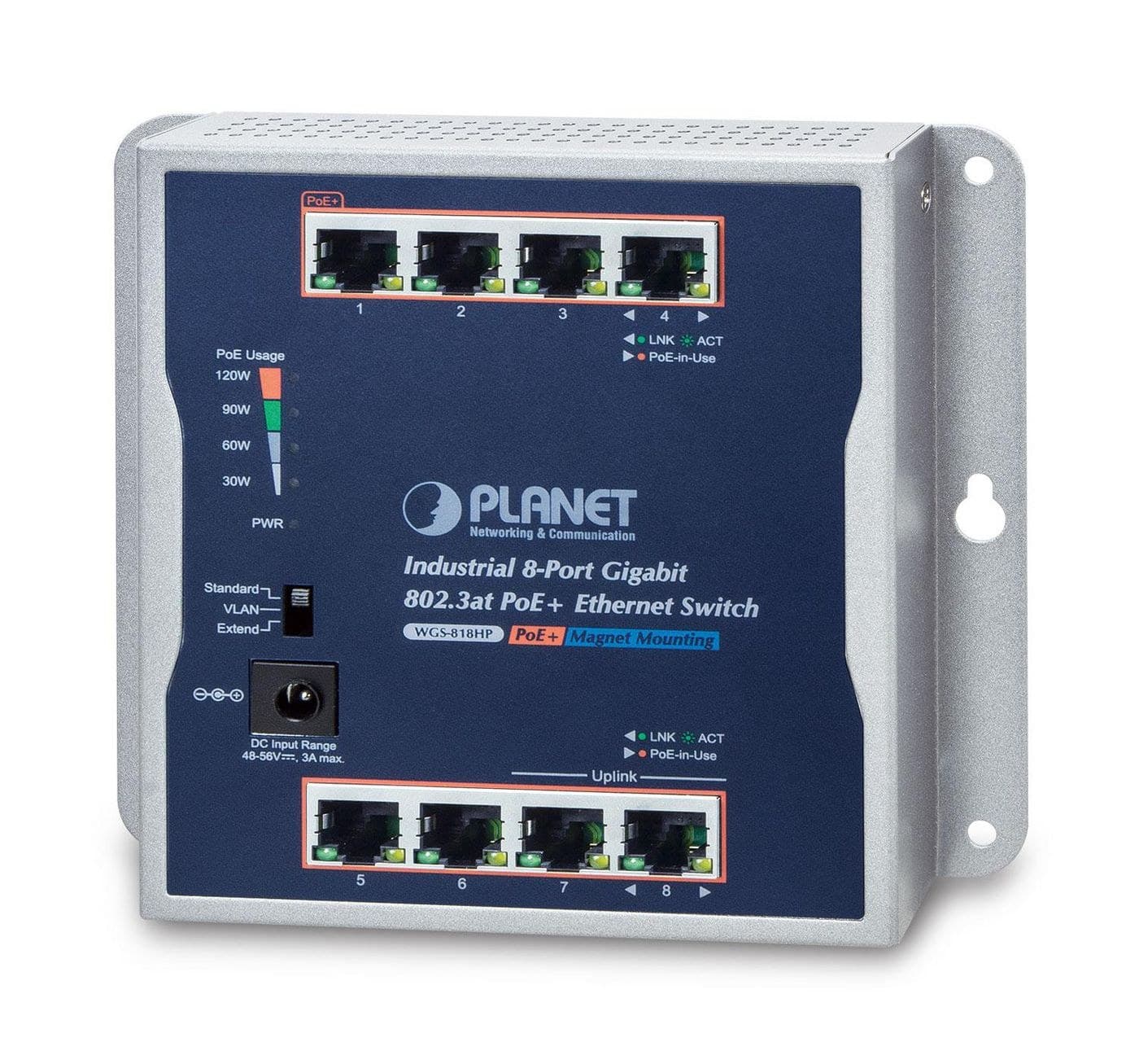 PLANET WGS-818HP IP30 Industrial 8-Port 10/100/1000T Wall-mounted Gigabit 802.3at PoE+ Switch