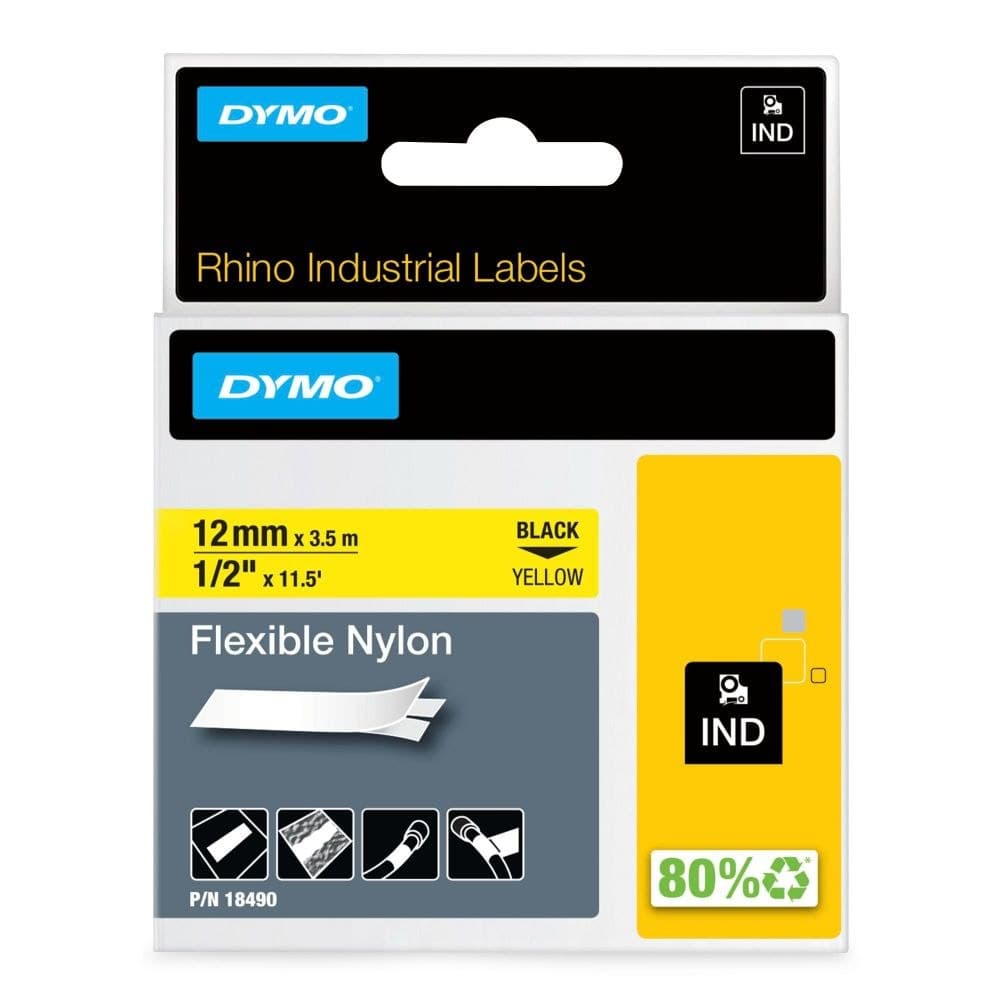 Dymo Rhino 18490 12mm x 3.5m Black On Yellow Flexible Nylon Tape - S0718080