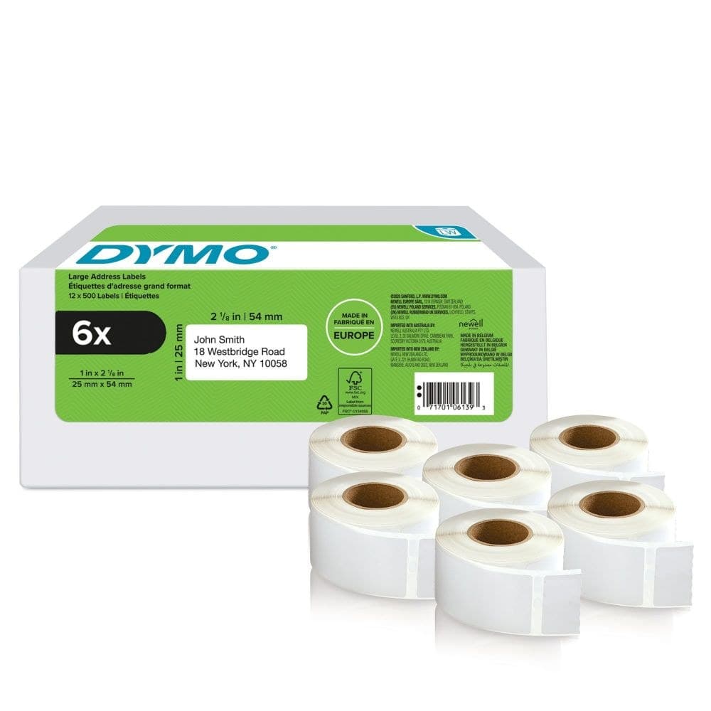 Dymo 11352 6 Rolls 25mm x 54mm Returns Labels Tape Black On White - Image 1
