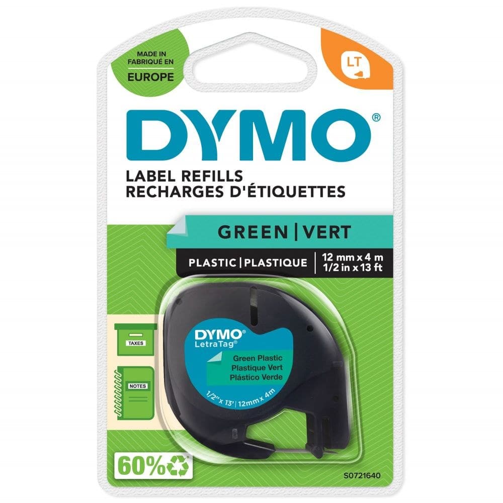 Dymo 91204 12mm x 4m Black On Green Plastic Tape - Image 1