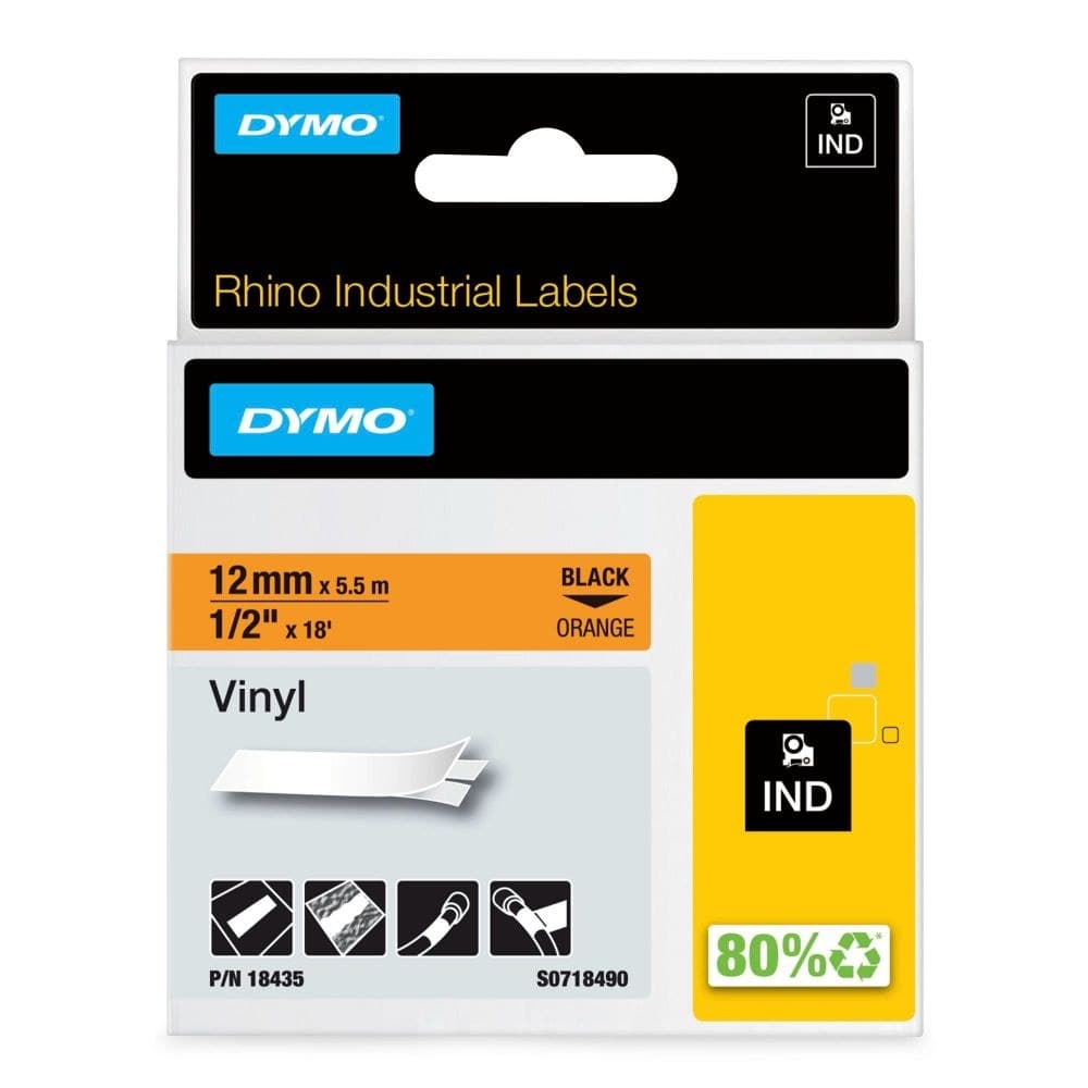 Dymo Rhino 18435 12mm x 5.5m Black on Orange Vinyl Tape - S0718490