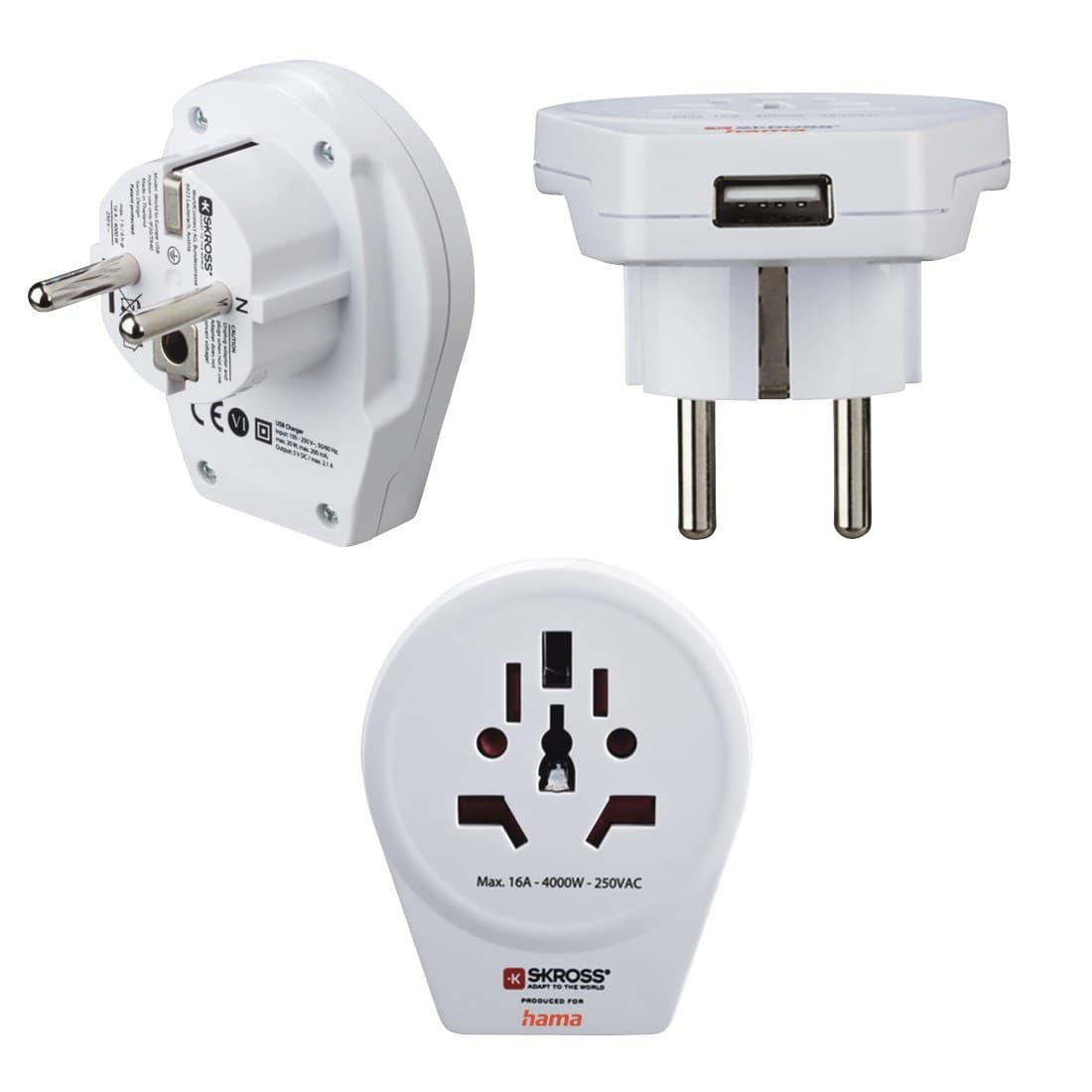 Hama World to Europe USB Travel Adapter, 1 x USB, White