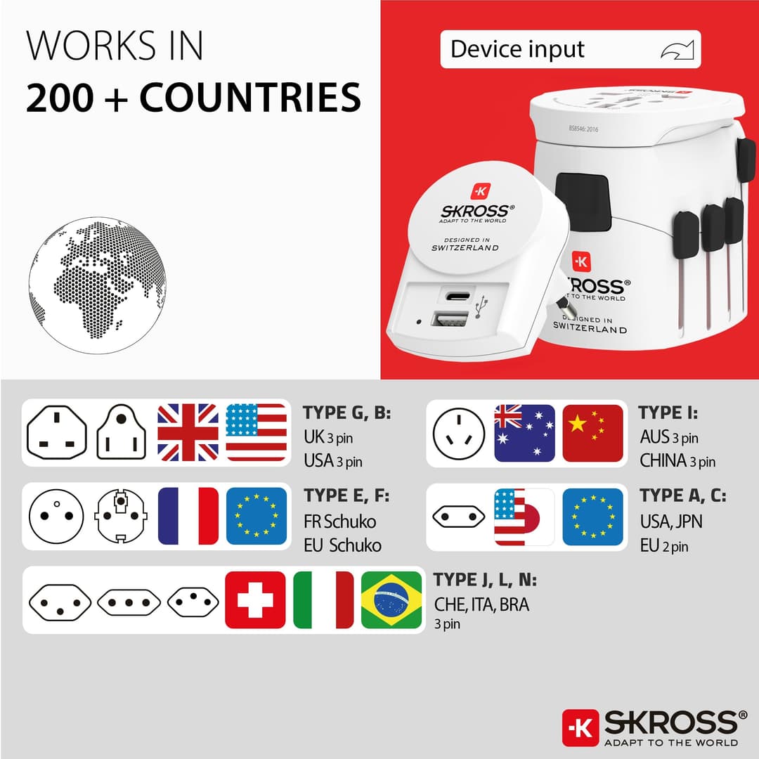 SKROSS PRO World + USB AC30PD Universal Travel Adapter - White - Image 3