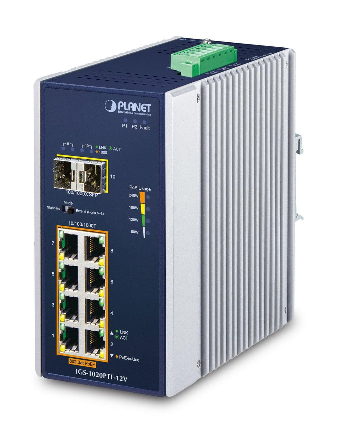 PLANET IGS-1020PTF-12V IP30 Industrial 8-Port 10/100/1000T 802.3at PoE + 2-Port 100/1000X SFP Unmanaged Ethernet Switch w/ 12V Booster (-40 to 75°C, DIN-Rail) - Image 1