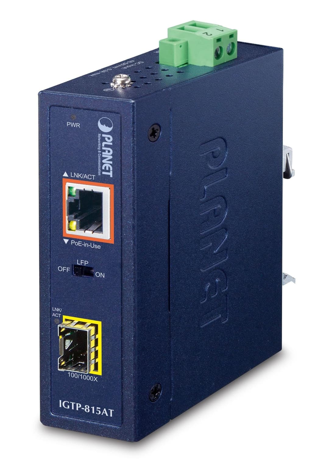 Planet IP30 Compact Size Industrial 100/1000BASE-X SFP to, IGTP-815AT (100/1000BASE-X SFP to 10/100/1000BASE-T 802.3at PoE+ Media Converter (-40 to 75 C)) - Image 1