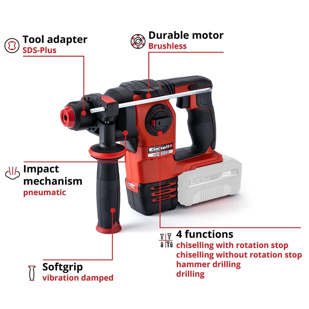Einhell Cordless Rotary Hammer Drill 18V PXC Without Battery - Black/Red - Image 3