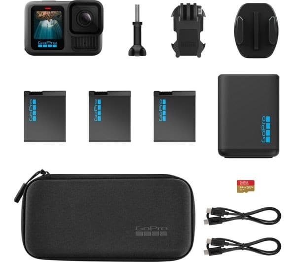 GoPro HERO13 Black 5.3K Action Camera Extended Power Bundle with Dual Battery Charger, 3 Enduro Batteries, 64GB microSD Card, Curved Adhesive Mount & Camera Case