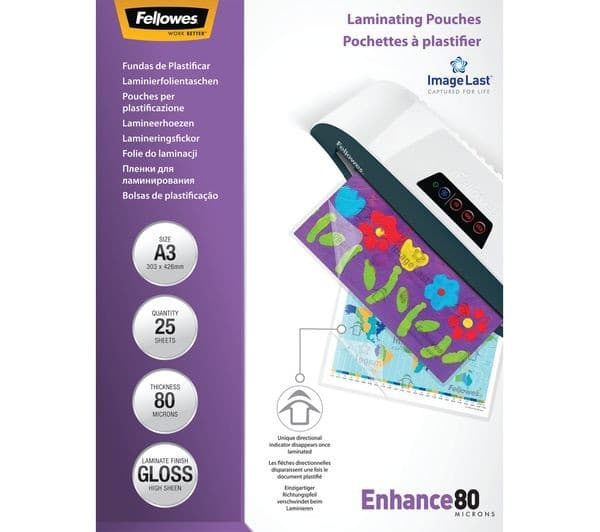 FELLOWES Enhance 80 Micron A3 Laminating Pouches - 25 Pack - Image 2