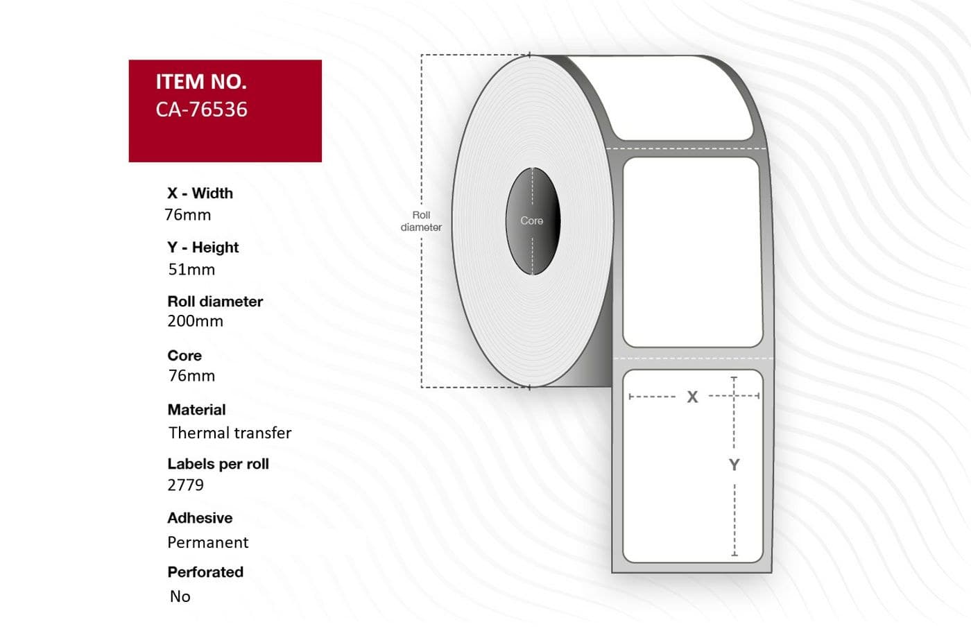 Capture CA-76536 Thermal Transfer Labels 76 x 51mm, Core 76mm, Permanent, No Perforation, 2779 Labels per Roll, 6 Rolls per Box