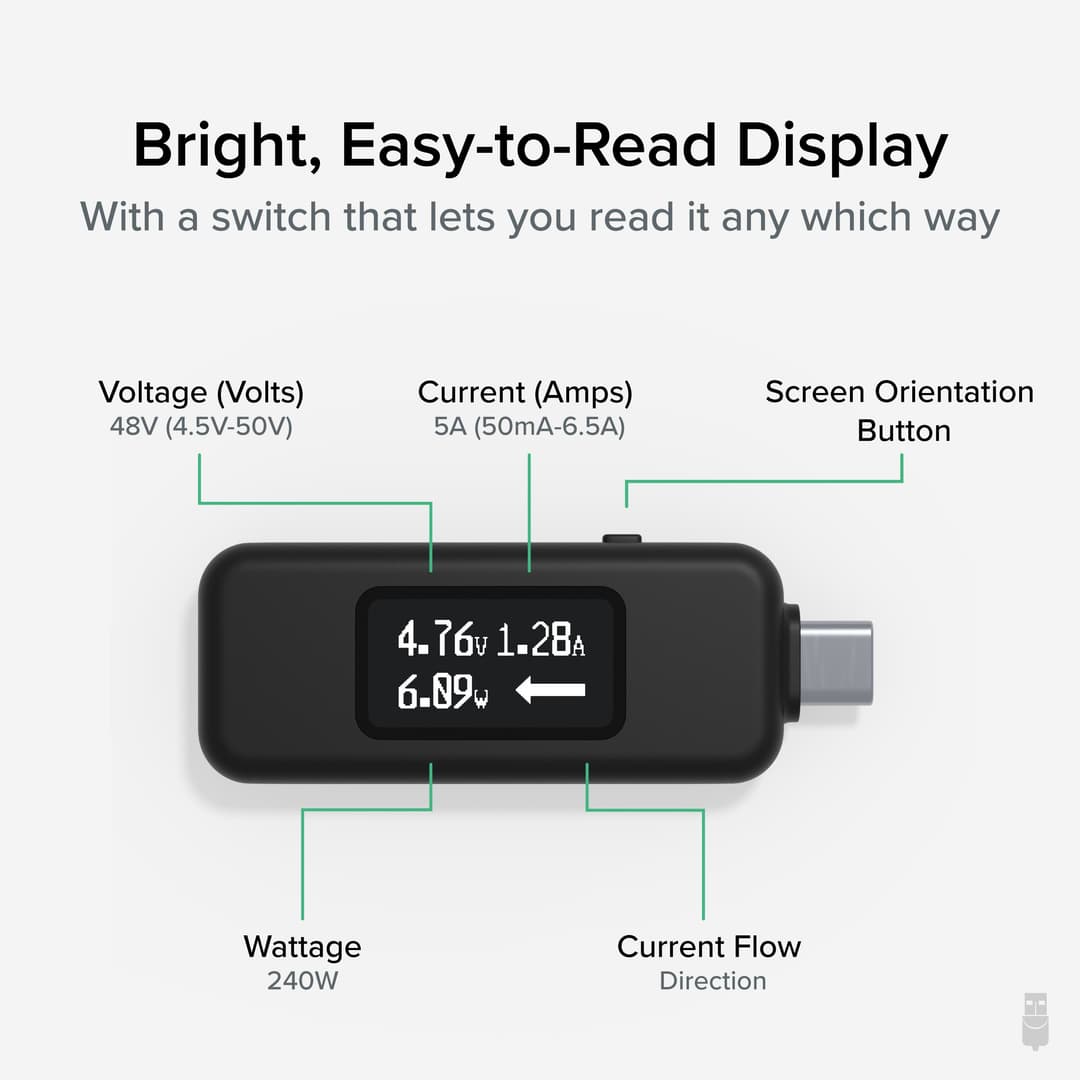 Plugable Technologies USB C Power Meter Tester for Monitoring USB-C Connections up to 240W - Digital Multimeter Tester for USB-C Cables, Laptops, Phones, Chargers - Driverless - Image 2