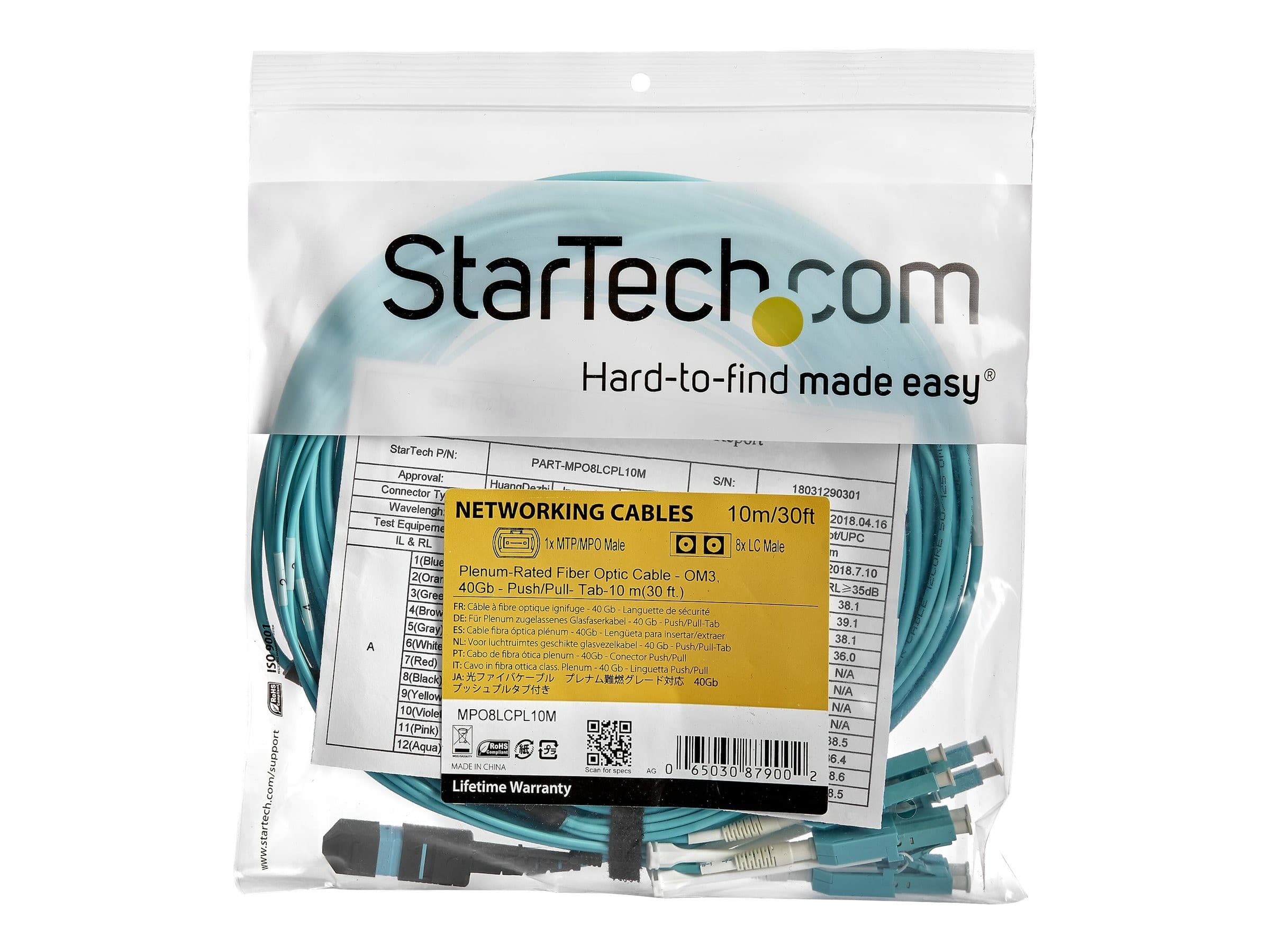 StarTech MTP to LC Breakout Cable 10m Aqua