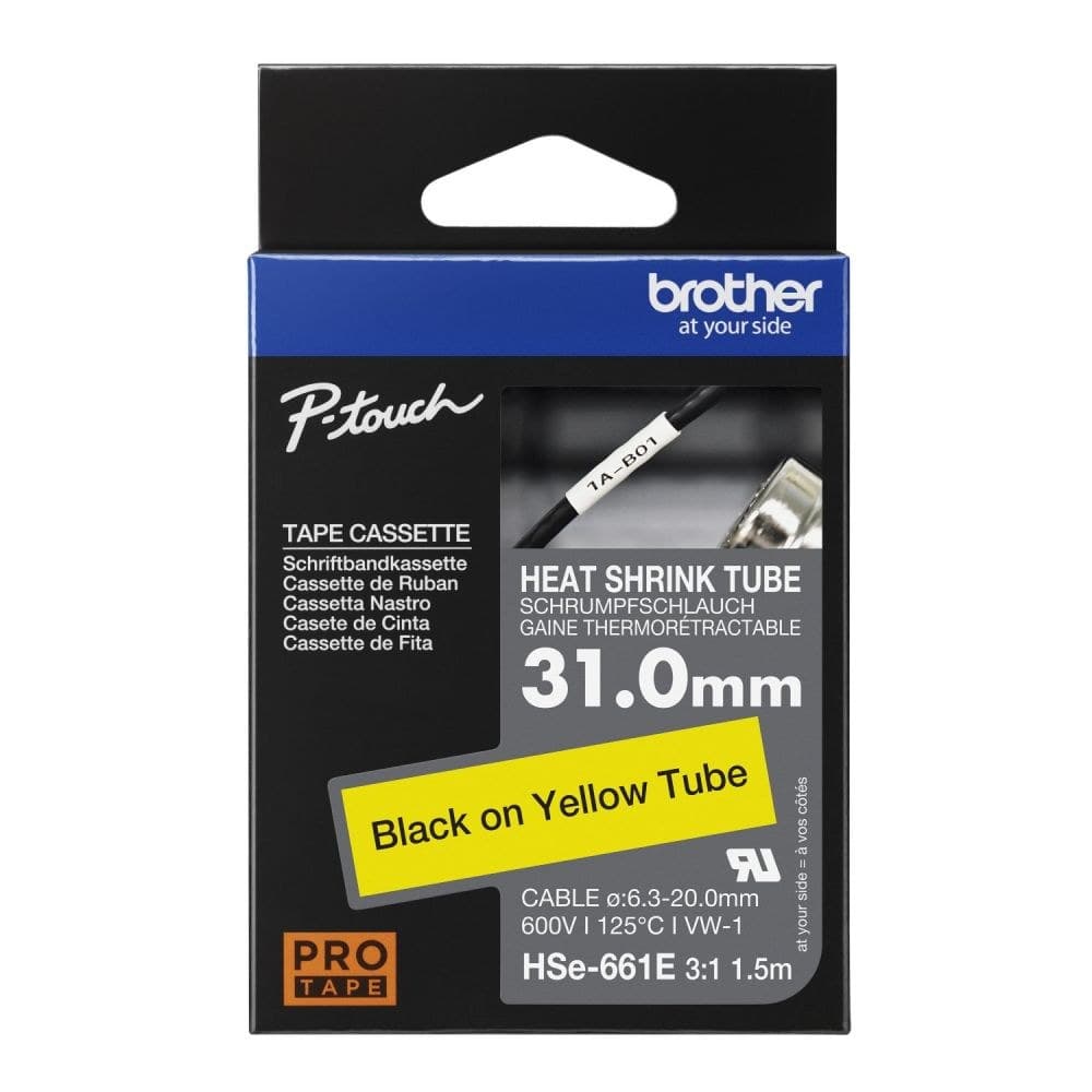 Brother HSE-661E 31mm x 1.5m Black on Yellow Heat Shrink Tube Tape Cassette