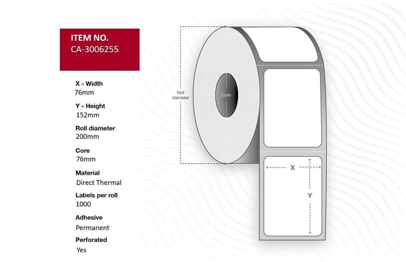 Capture CA-3006255 Direct Thermal Labels 76 x 152mm, 76mm Core, Uncoated, Permanent, Perforated, 1000 per Roll (6 Rolls)