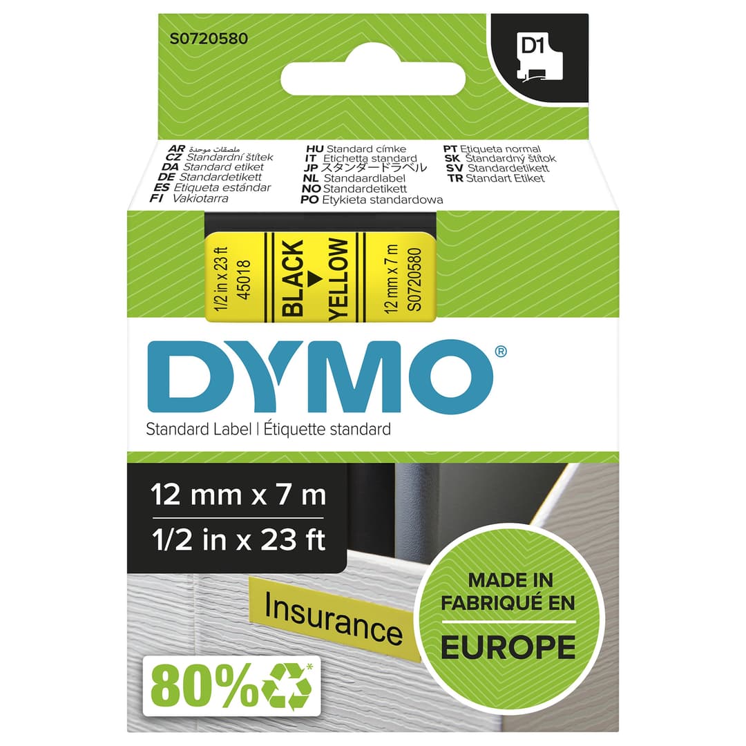 DYMO Authentic D1 Labels | Black Print on Yellow Tape | 12 mm x 7 m | Self-Adhesive Labels for LabelManager Label Makers | Made in Europe - Image 1
