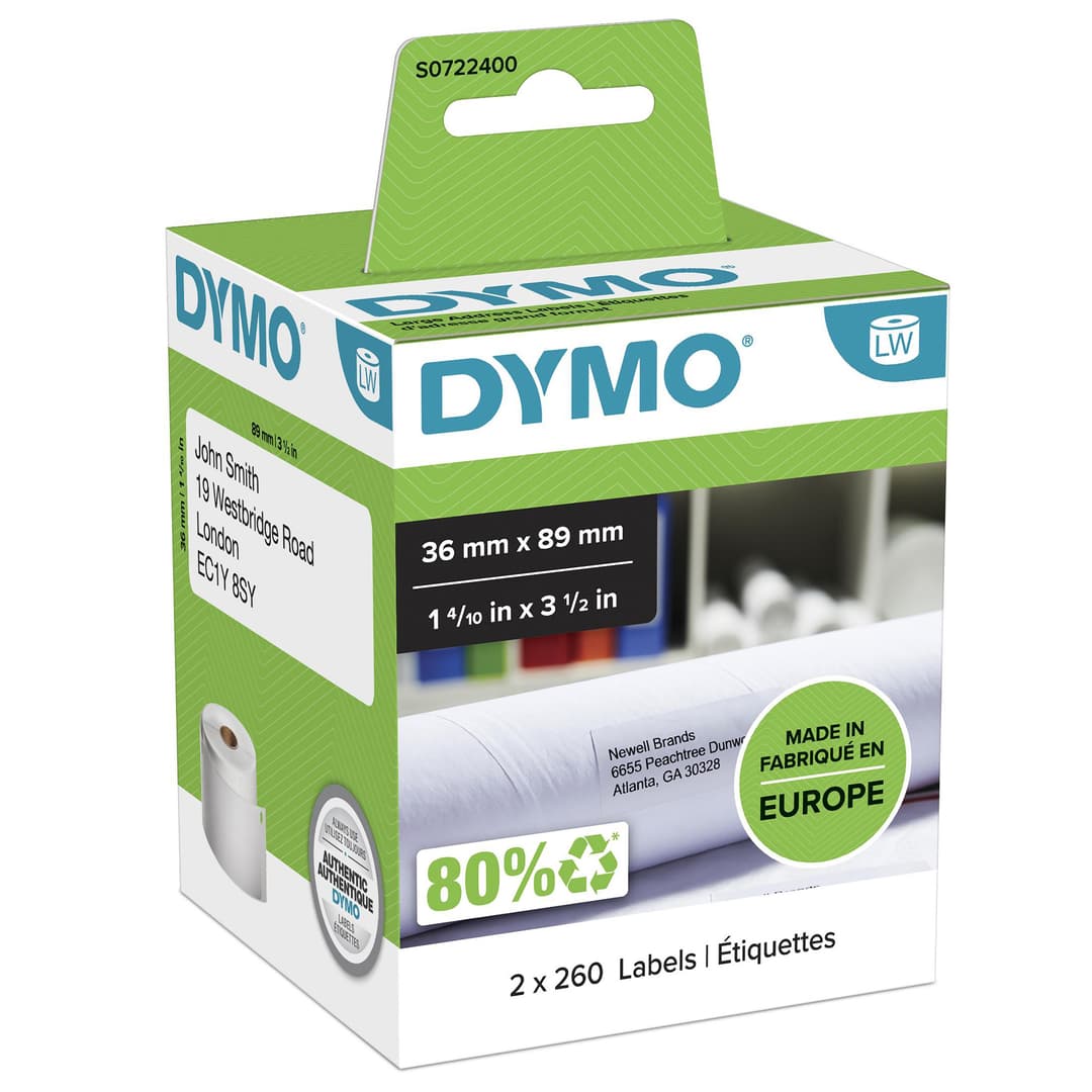 DYMO Authentic LabelWriter Large Address Labels | 36 mm x 89mm | Self-Adhesive | 2 Rolls of 260 (520 Easy-Peel Labels) | for LabelWriter Label Makers | Made in Europe - Image 1