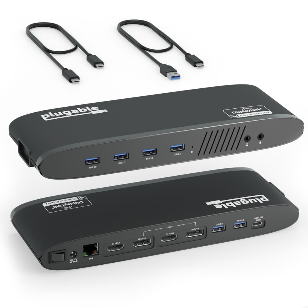 Plugable Technologies Universal Laptop Docking Station, 4K Dual Monitor, DisplayPort or HDMI, Windows Mac or ChromeOS Laptops, USB-C or USB 3.0, Adds 2 Displays, Ethernet, Audio, 6 USB Ports - Image 1