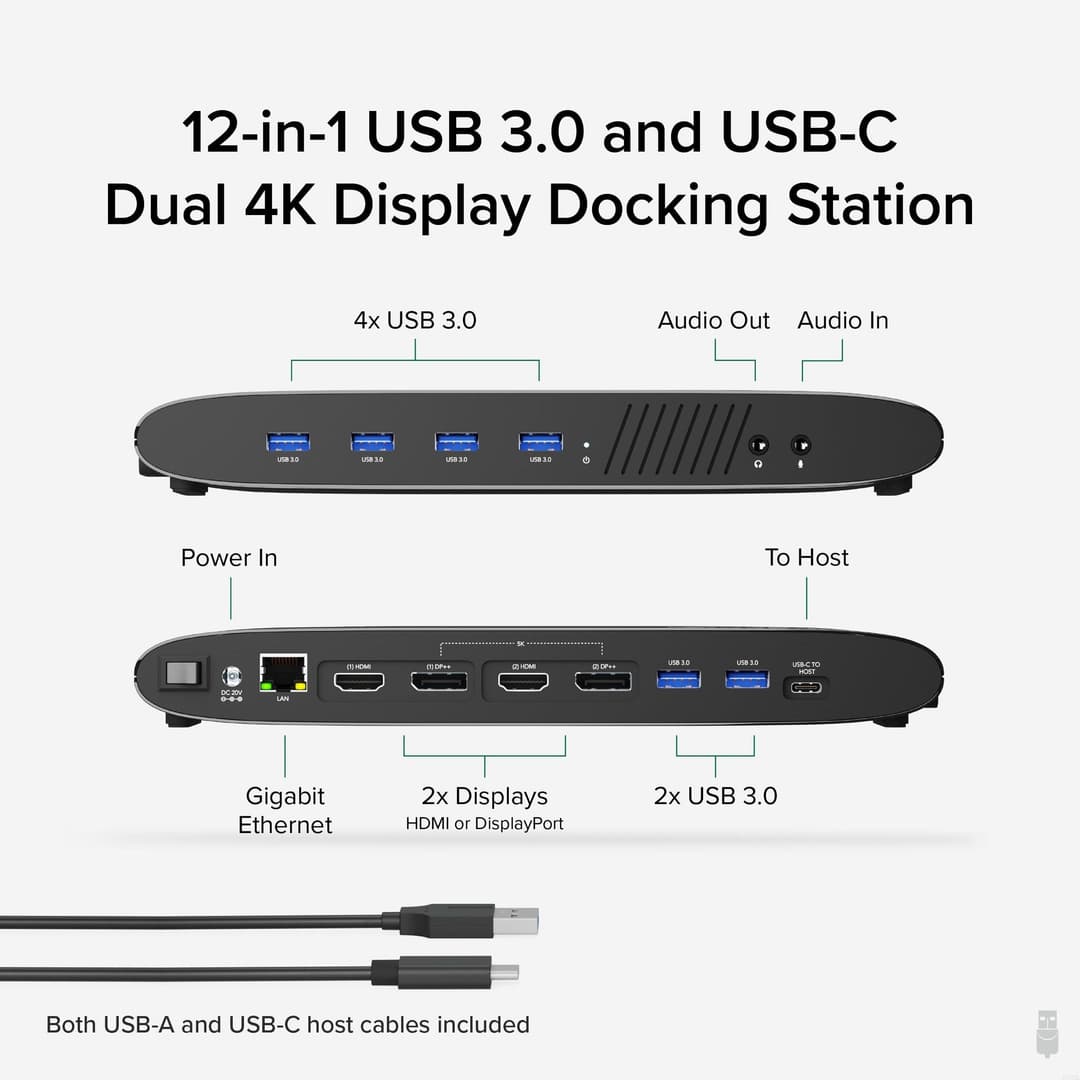 Plugable Technologies Universal Laptop Docking Station, 4K Dual Monitor, DisplayPort or HDMI, Windows Mac or ChromeOS Laptops, USB-C or USB 3.0, Adds 2 Displays, Ethernet, Audio, 6 USB Ports - Image 2