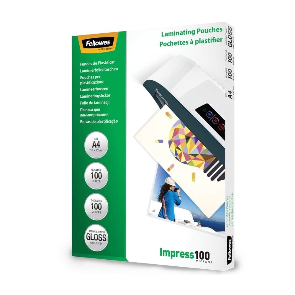 Fellowes Impress 53511 A4 Laminating Pouches 100 Micron Gloss - Pack of 100 - Image 1