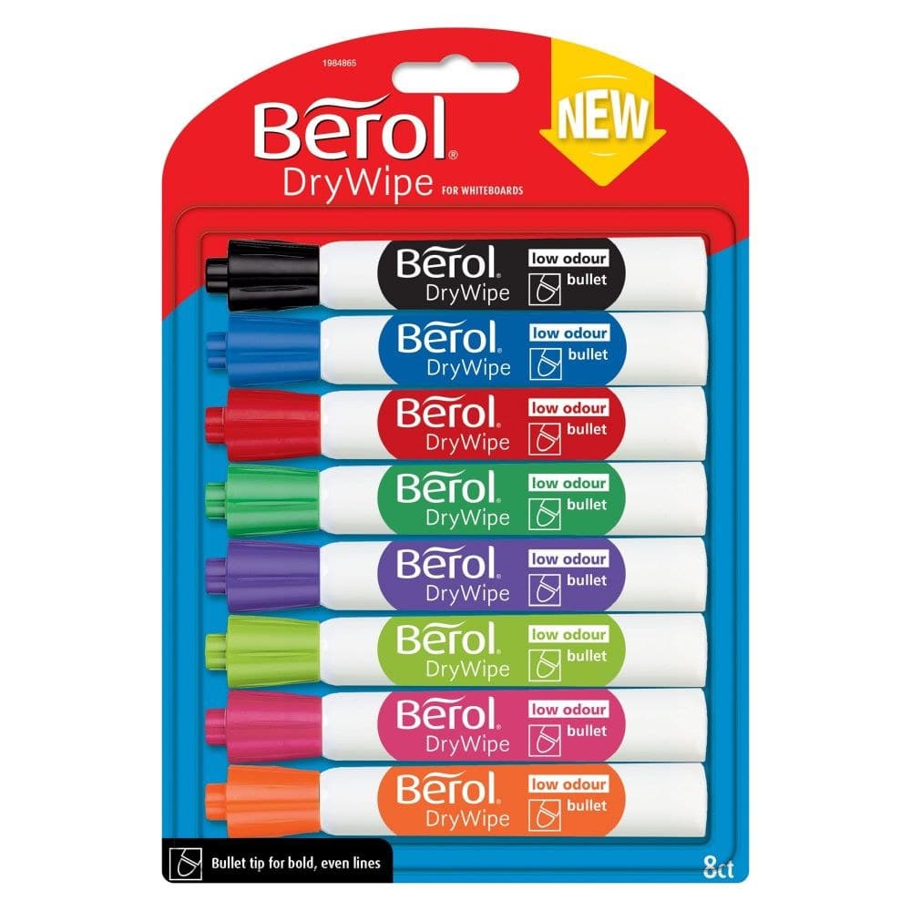 Berol Dry Wipe Whiteboard Marker Pens Assorted colours Bullet Tip Pack of 8 - Image 1