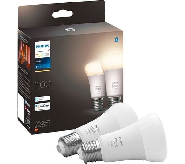PHILIPS HUE White Smart LED Bulb with Bluetooth - E27, 1100 Lumen, Twin Pack