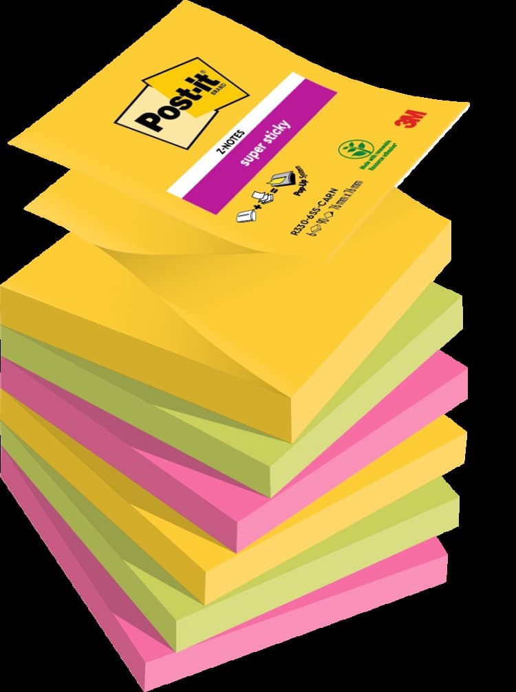 Post it Pack of 6 Super Sticky Z Notes Carnival Colours 76x76mm 90 Sheets