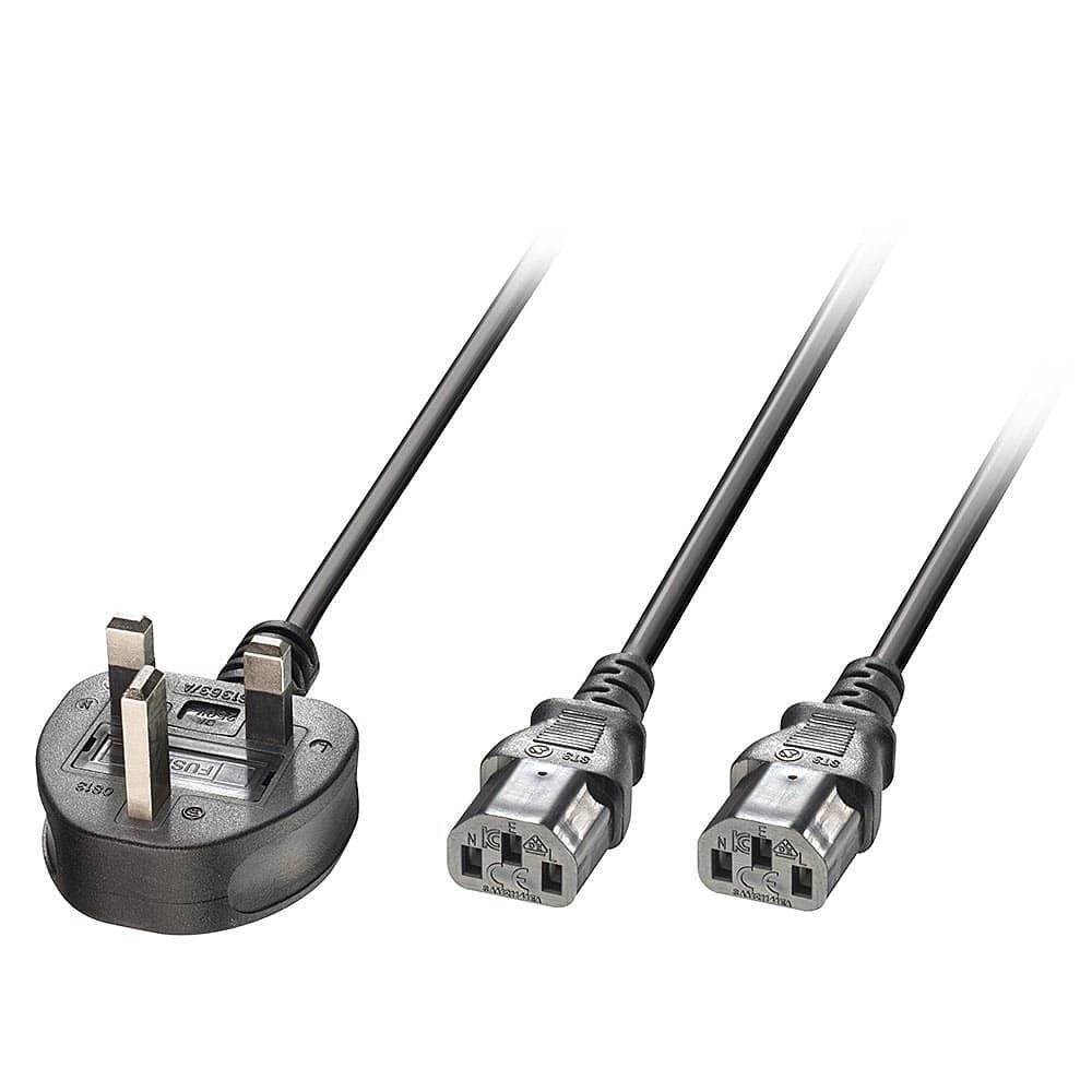 Lindy 2.5m UK 3 Pin Plug to 2 x IEC C13 Splitter Extension Cable, Black - Image 1