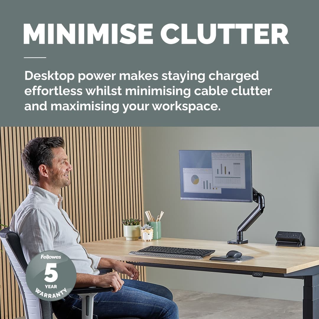 Fellowes Power Desk Type G Clamp Fit 1x230v 1xUSB-A 1x USB-C Socket 2m Cable Black - 100136980 power extension 1 AC outlet(s) Indoor - Image 2