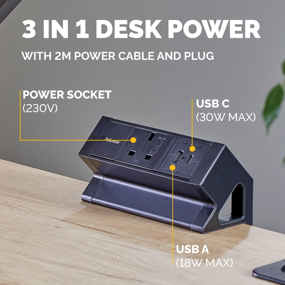 Fellowes Power Desk Type G Clamp Fit 1x230v 1xUSB-A 1x USB-C Socket 2m Cable Black - 100136980 power extension 1 AC outlet(s) Indoor - Image 4