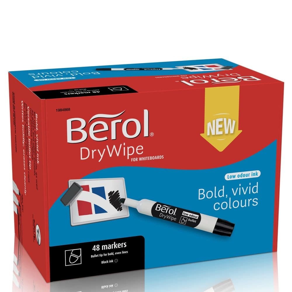 Berol Dry Wipe Whiteboard Marker Pens Black Bullet Tip Pack of 48