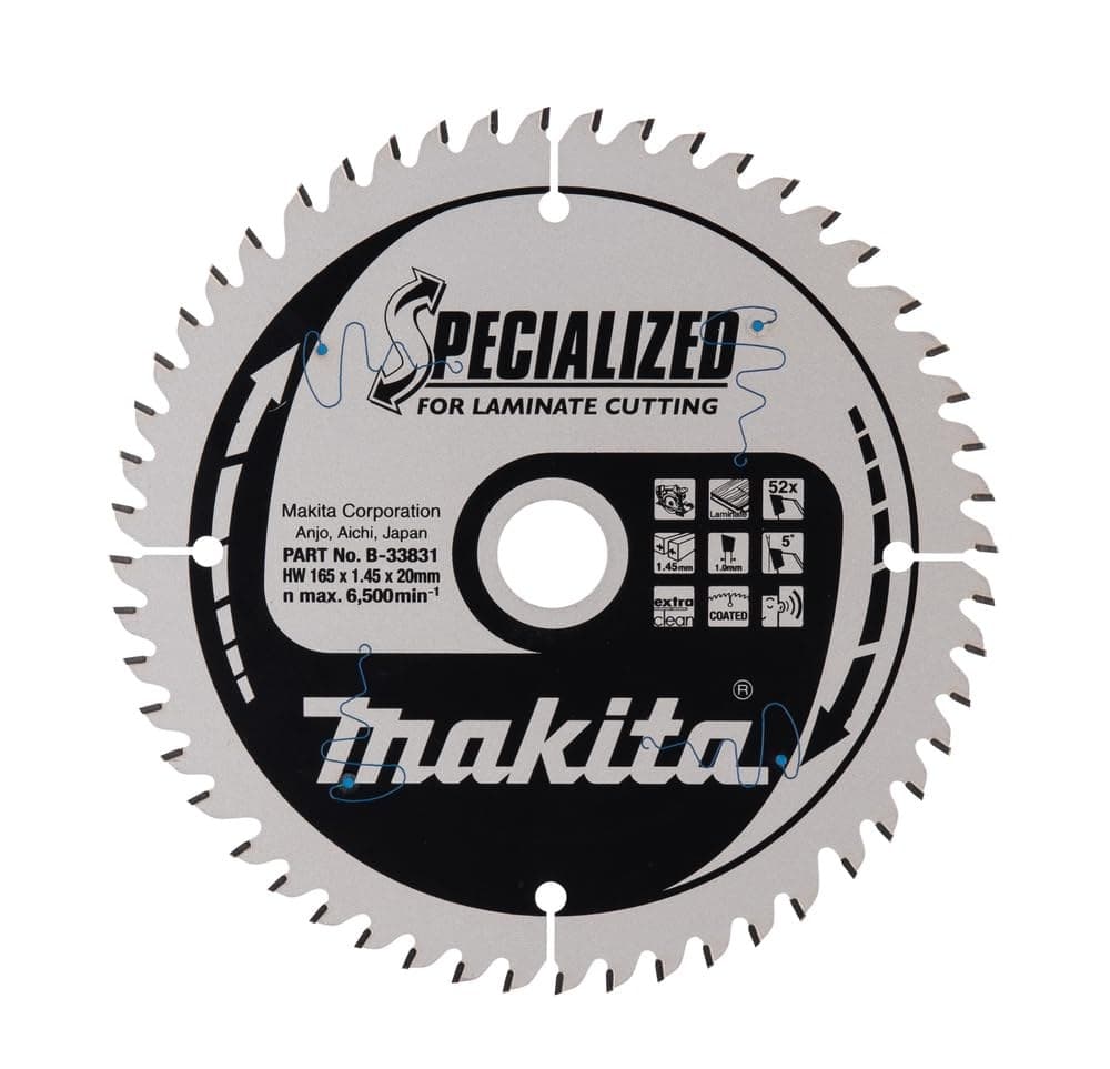Makita B-33831 Specialised Blade for Laminate and Wood Cutting 165x20x52T - Silver, Black - Image 1