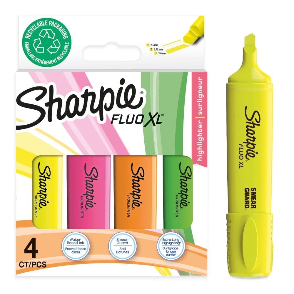 Sharpie 2190473 Fluo XL Highlighter Chisel Tip Blister Pack x 4 - Yellow, Orange, Pink, Green