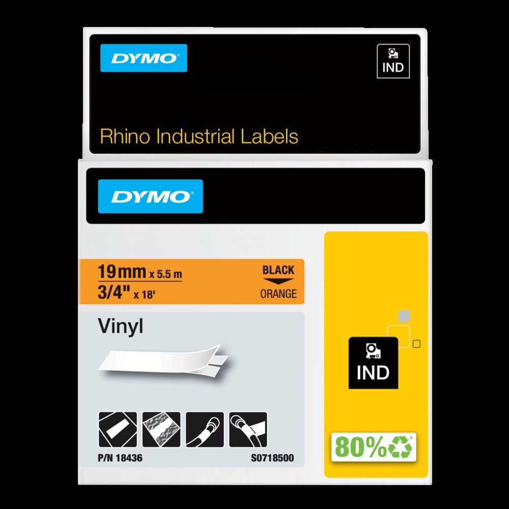 Dymo 18436 Rhino 19mm x 5.5m Black on Orange Permanent Vinyl Tape - S0718500