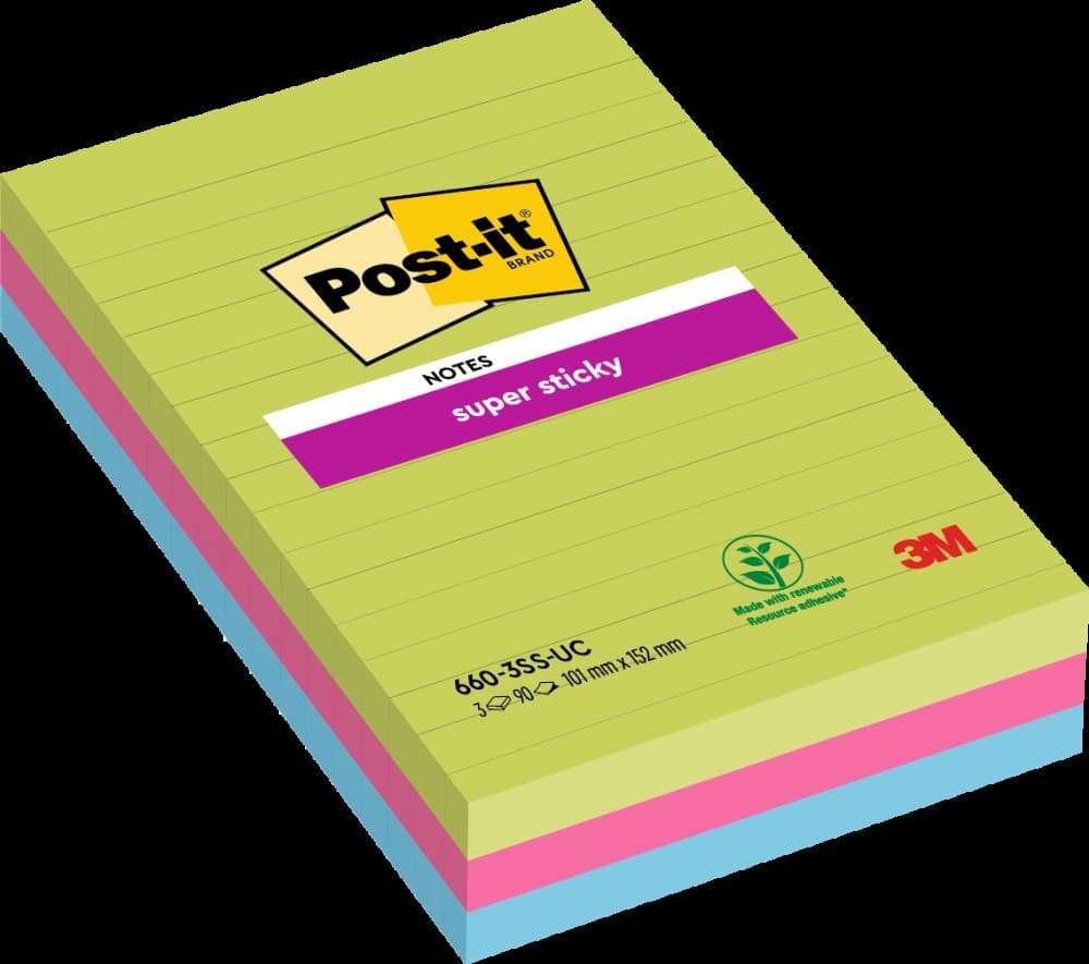 Post-it Pack of 3 Super Sticky Notes 102x152mm Ruled 90 Sheets Ultra Colours