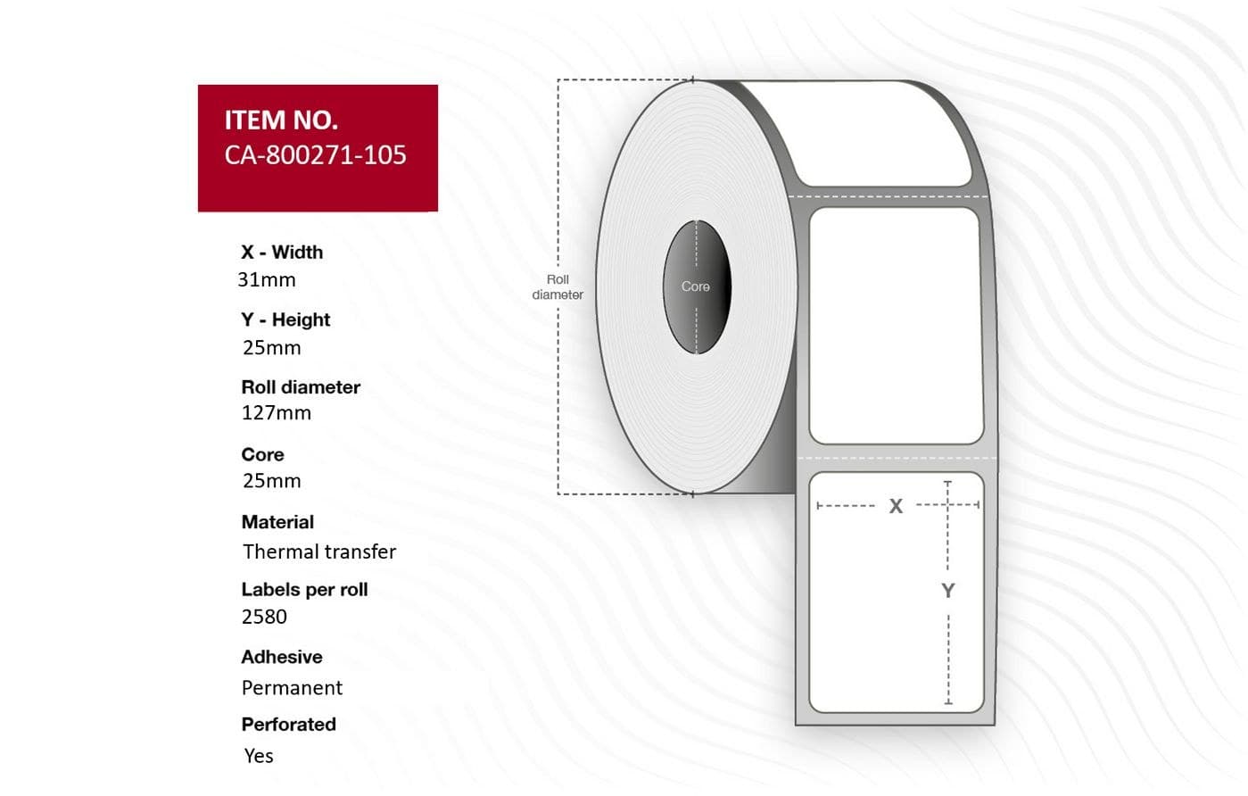 Capture CA-800271-105 Thermal Transfer Labels 31 x 25mm, 25mm Core, Coated, Permanent, Perforated, 2580 per Roll (12 Rolls)