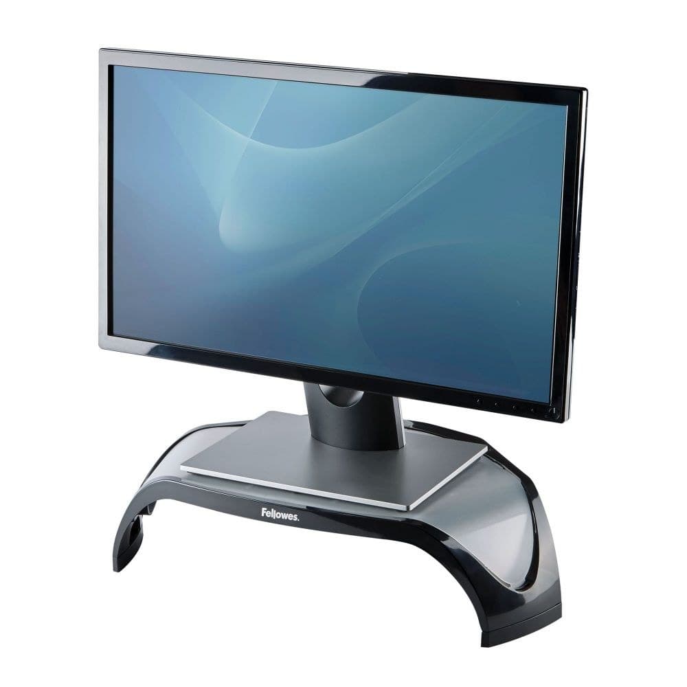 Fellowes 8020101 Smart Suites Corner Monitor Riser - Height Adjustable Monitor Stand with 3 Height Settings (100-130mm) - Max Weight 10kg / Max Screen 21in - Black/Silver