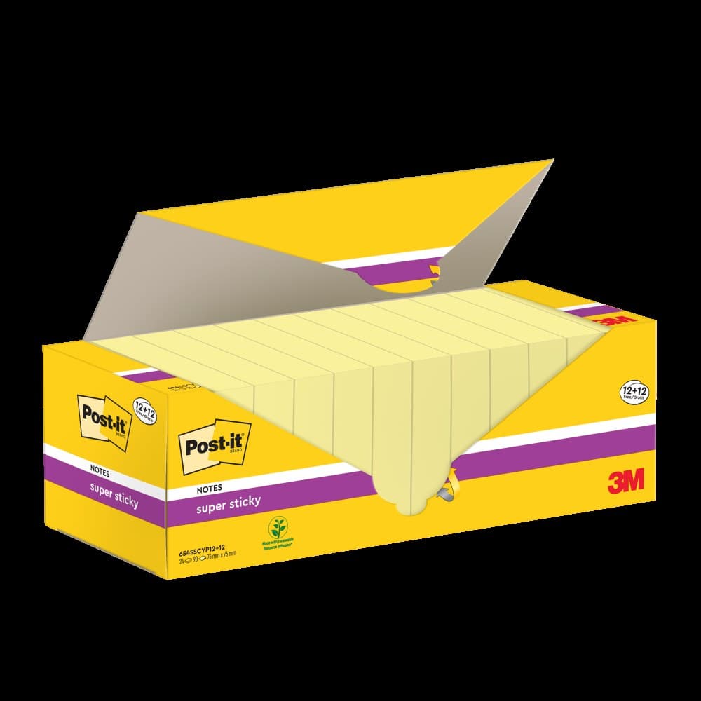 Post-it Pack of 12 Super Sticky Notes Value Pack 76mmx76 mm (+12 free)