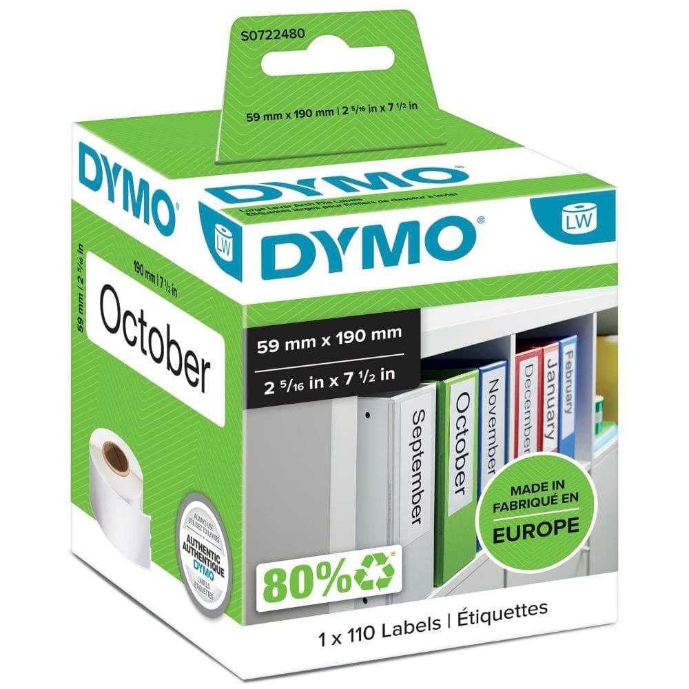 Dymo 99019 59mm x 190mm Large Lever Arch Labels Black On White - Image 1