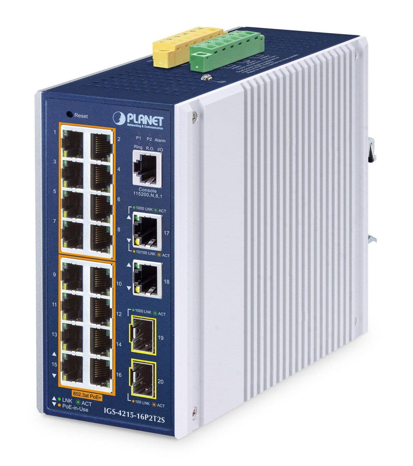 PLANET IGS-4215-16P2T2S IP30 Industrial L2/L4 16-Port PoE+ Managed Switch - 2x Gigabit, 2x SFP